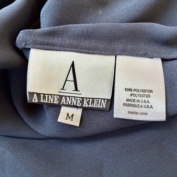 ANNE KLEIN A LINE Vtg USA Blouse Shirt Navy Blue Button Up RUFFLES Womens Medium - Picture 15 of 16